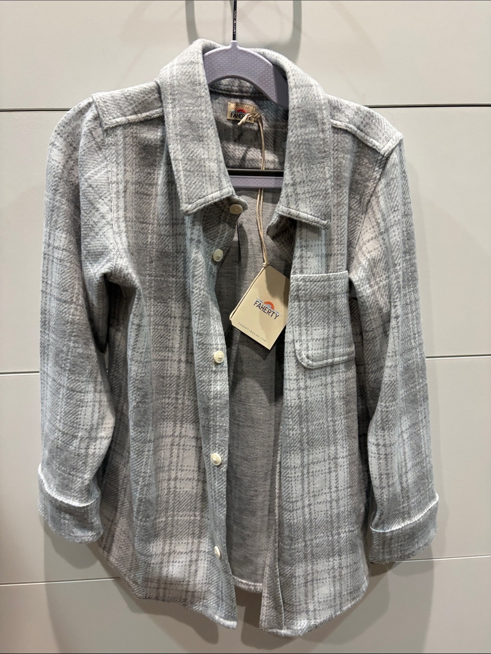 Faherty Light Gray Plaid Button-Down Shirt Jacket